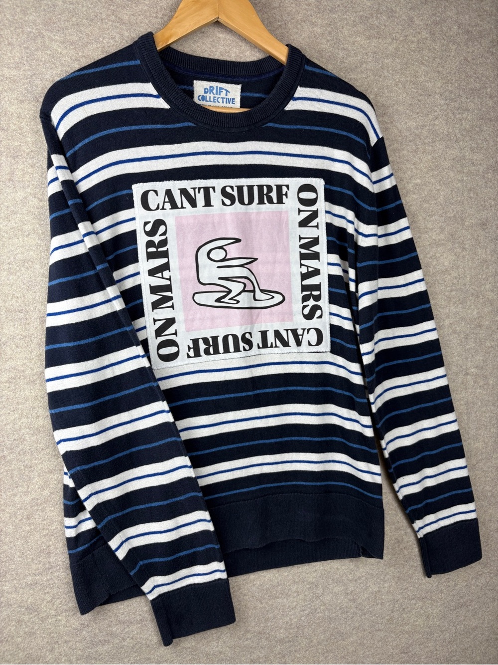 Drift Collective Upcycled GAP Striped Sweater Cant Surf On Mars Graphic Patch M